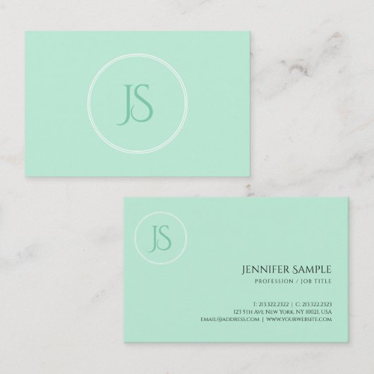 Elegant Mint Green Modern Monogram Simple Visitenkarte (Vorne/Hinten)