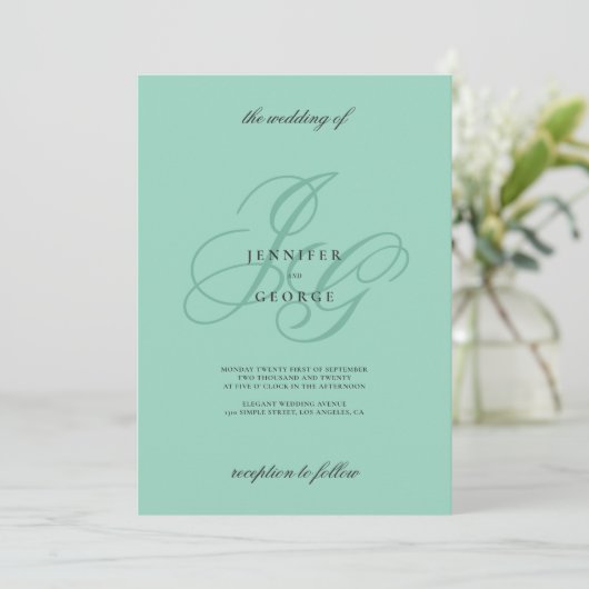 Elegant mint monogram initials romantic wedding einladung (Stehend Vorderseite)