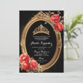 Elegant Mis Quince Black and Rote Rose Einladung (Stehend Vorderseite)