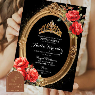 Elegant Mis Quince Black and Rote Rose Einladung