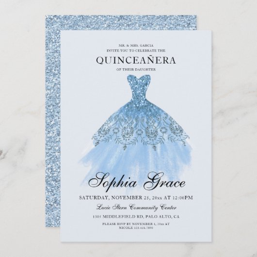 Elegant Mis Quince Blue Glitzer Quinceañera Einladung (Vorne/Hinten)