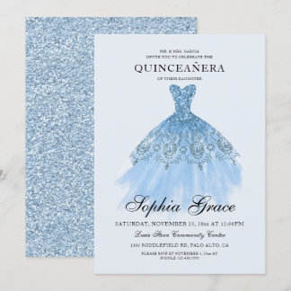Elegant Mis Quince Blue Glitzer Quinceañera Einladung