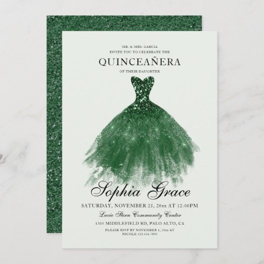 Elegant Mis Quince Green Glitzer Quinceañera Einladung (Vorne/Hinten)