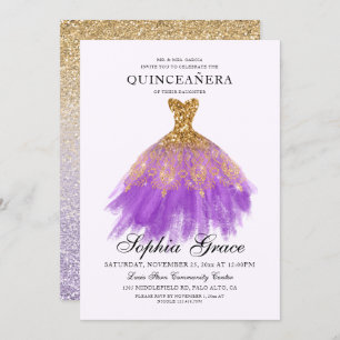 Elegant Mis Quince Lila Gold Glitzer Quinceañera Einladung