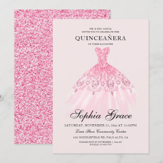 Elegant Mis Quince Pink Glitzer Quinceañera Einladung