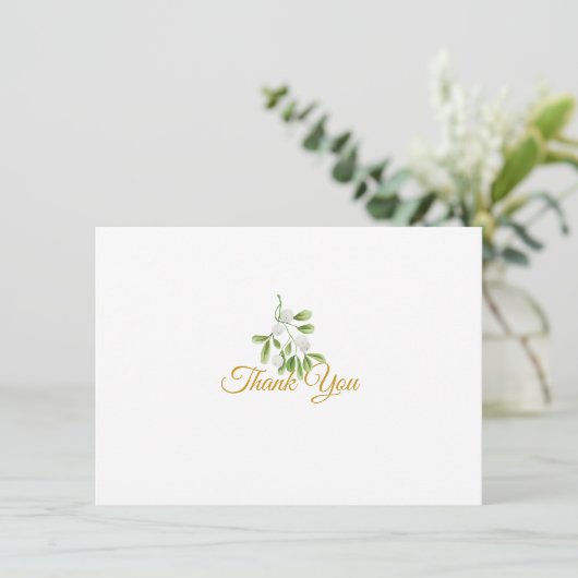 Elegant Mistletoe Greenerity Gold Script Dankeskarte (Stehend Vorderseite)