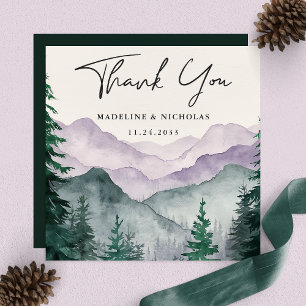 Elegant Misty Mountain Forest Script Wedding Dankeskarte