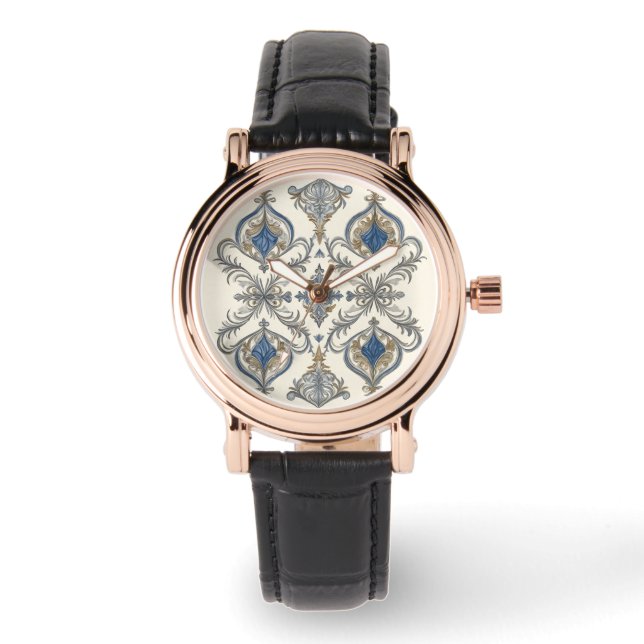 Elegant mit blau-grauer Musterkunst, Women Watch Armbanduhr (Vorderseite)