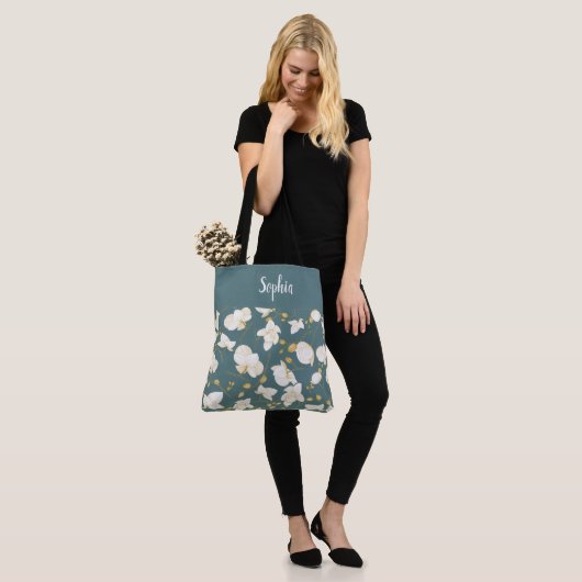 Elegant mit goldfarbenen und weißen Orchideen aqua Tasche (Am Model)