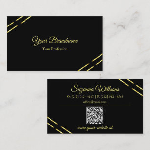 Elegant mit Goldlinien und QR-Code Schwarz Visitenkarte