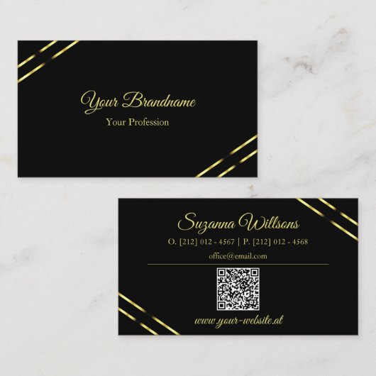 Elegant mit Goldlinien und QR-Code Schwarz Visitenkarte (Vorne/Hinten)
