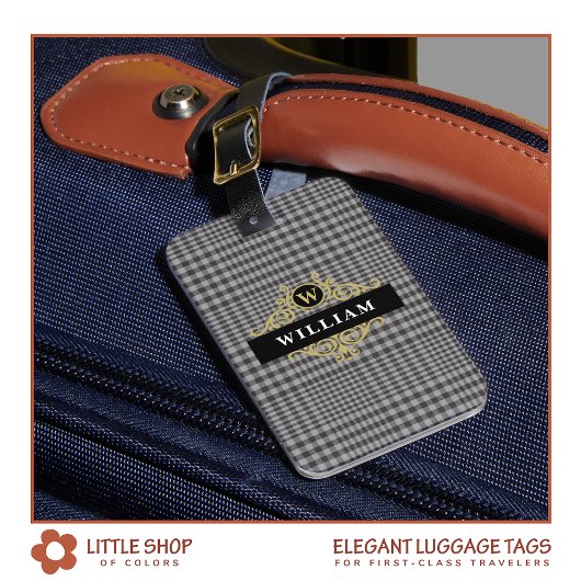 Elegant Mit Monogramm Black Gold Gray Kariert Gepäckanhänger