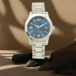 Elegant Mit Monogramm, blau gebürstet Metallic Armbanduhr
