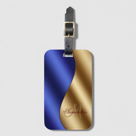 Elegant Mit Monogramm Blue Gold Metallic Gepäckanhänger (Vorderseite Vertikal)