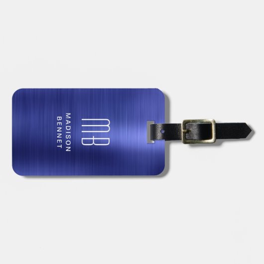 Elegant Mit Monogramm Navy Blue Brushed Metallic Gepäckanhänger (Vorderseite horizontal)