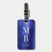 Elegant Mit Monogramm Navy Blue Brushed Metallic Gepäckanhänger (Vorderseite vertikal)