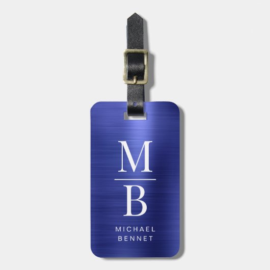 Elegant Mit Monogramm Navy Blue Brushed Metallic Gepäckanhänger (Vorderseite vertikal)