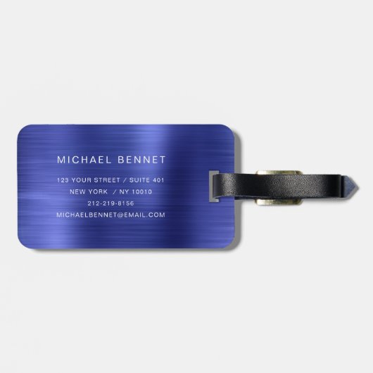 Elegant Mit Monogramm Navy Blue Brushed Metallic Gepäckanhänger (Rückseite horizontal)