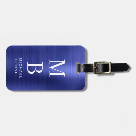 Elegant Mit Monogramm Navy Blue Brushed Metallic Gepäckanhänger (Vorderseite horizontal)