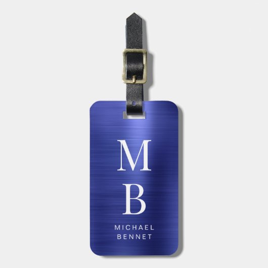 Elegant Mit Monogramm Navy Blue Brushed Metallic Gepäckanhänger (Vorderseite vertikal)