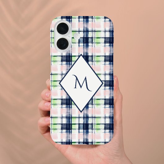 Elegant Mit Monogramm Navy Blue Pink Preppy Karier Case-Mate iPhone Hülle