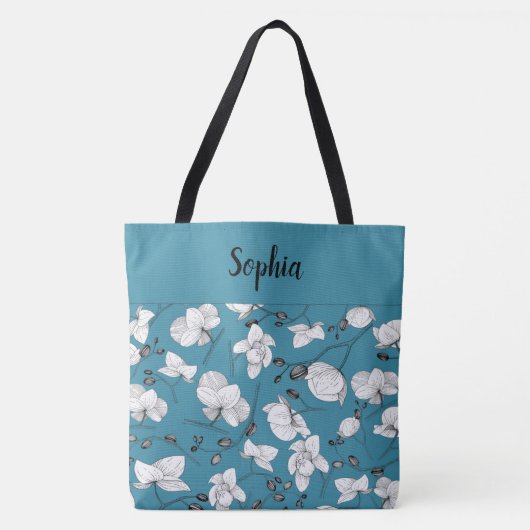 Elegant mit schwarz-weißen Orchideen chic blau Tasche (Vorderseite)