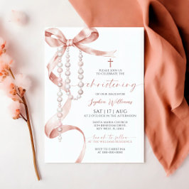 Elegant Mocha Bow & Rosary Christening Einladung