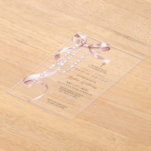 Elegant Mocha Bow & Rosary Erste Heilige Kommune Acryleinladungen (Ablage )