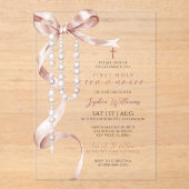 Elegant Mocha Bow & Rosary Erste Heilige Kommune Acryleinladungen (Vorderseite)