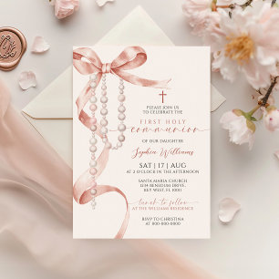 Elegant Mocha Bow & Rosary Erste Heilige Kommune Einladung