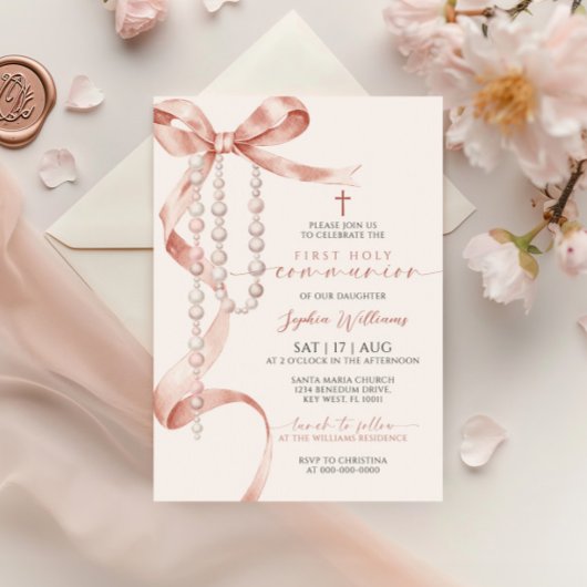 Elegant Mocha Bow & Rosary Erste Heilige Kommune Einladung