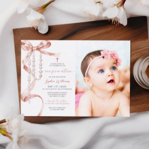 Elegant Mocha Bow & Rosary Foto Bestätigung Einladung
