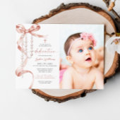 Elegant Mocha Bow & Rosary Foto Dedication Einladung