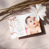 Elegant Mocha Bow & Rosary Foto Taufe Einladung
