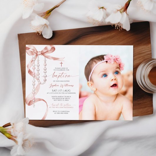 Elegant Mocha Bow & Rosary Foto Taufe Einladung