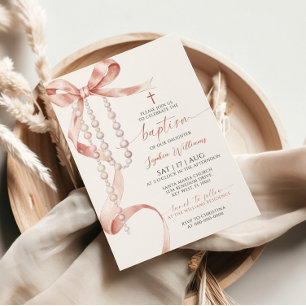 Elegant Mocha Bow & Rosary Taufe Einladung