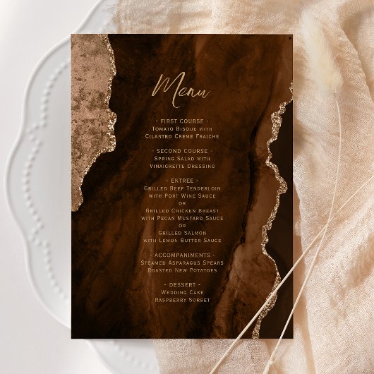 Elegant Mocha Brown Gold Agate Wedding Menu Menükarte