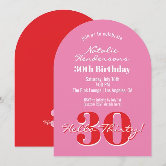 Elegant Modern 30th Birthday Pink Red Typography Einladung (Vorne/Hinten)