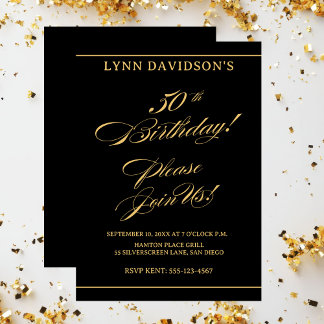 Elegant Modern 50. Geburtstag Gold Black Einladung
