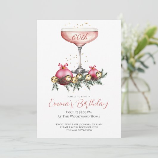 Elegant Modern 60th Christmas Birthday Party Einladung (Stehend Vorderseite)