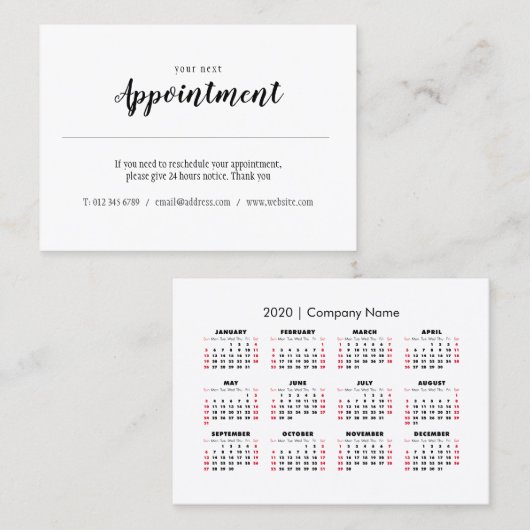 Elegant Modern Appointment Card 2020 Kalender Visitenkarte (Vorne/Hinten)