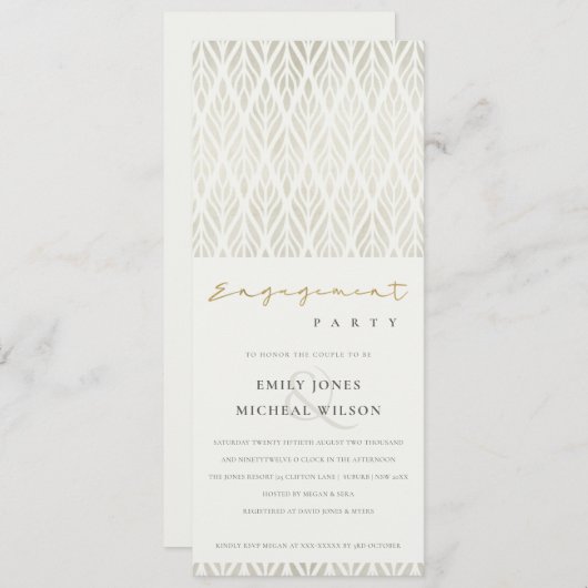 ELEGANT MODERN ART DECO WHITE SILVER VERLOBUNG EINLADUNG (Vorne/Hinten)