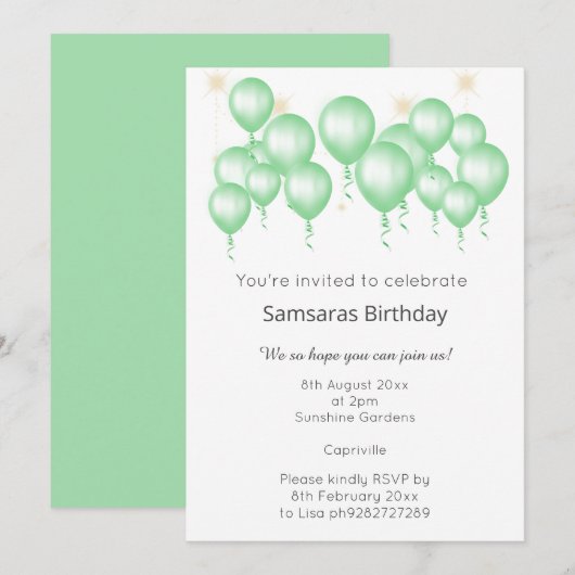 ELEGANT MODERN BALLOON SAGE GRÜNWEISS GEBURTSTAG EINLADUNG (Vorne/Hinten)
