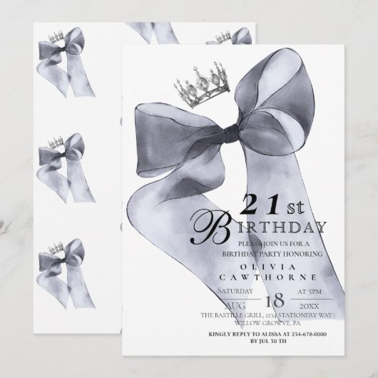 Elegant Modern Black Bow Birthday Party  Einladung (Vorne/Hinten)