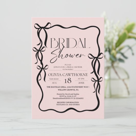  Elegant Modern Black Bow Bridal Shower Einladung (Stehend Vorderseite)