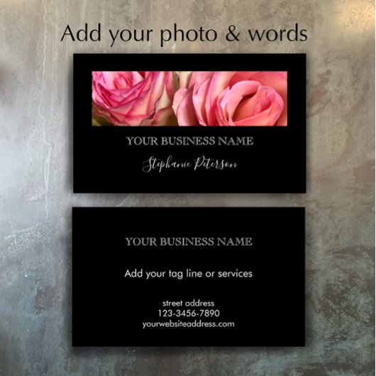 Elegant Modern Black Custom Floral Photo Template  Visitenkarte
