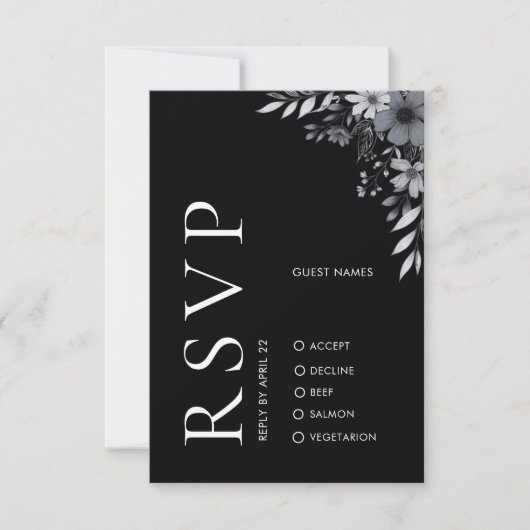Elegant Modern Black Floral Wedding RSVP Card Mitteilungskarte (Vorderseite)