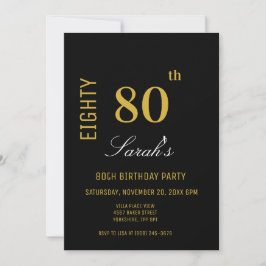 Elegant Modern Black & Gold 80. Geburtstag Einladung