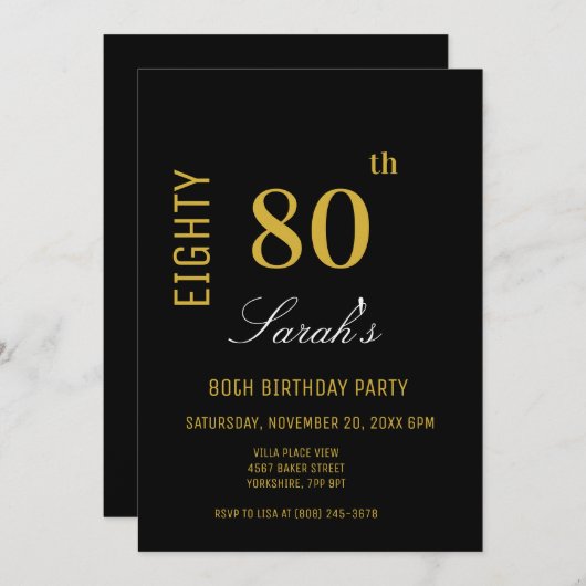 Elegant Modern Black & Gold 80. Geburtstag Einladung (Vorne/Hinten)