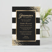 Elegant Modern Black Gold Confetti Quinceañera Einladung (Stehend Vorderseite)